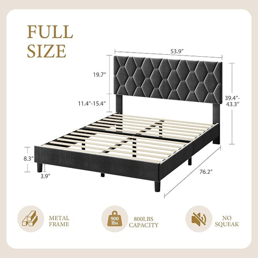 GarveeHome Full Size Platform Bed Frame with Upholstered Headboard and Wooden Slats Support, Upholstered Mattress Foundation/No Box Spring Needed/Easy Assembly, Grey