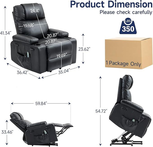 Brage Living Power Lift Recliner Chair for Elderly with Massage & Heat, PU Leather Electric Recliner with USB Charge Port, 160° Adjustable Recline, Stand Assist, Remote Control, Cup Holders (Black)