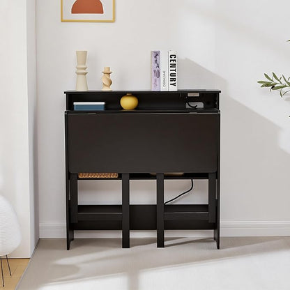 Fold Out Desk with Power Outlets, Small Foldable Table with Storage Shelf,Space-Saving Hidden Desk for Bedroom, Living Room & Office (Black)