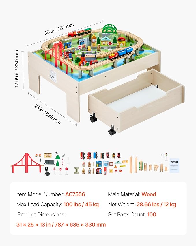 VEVOR Train Table, 100 Multicolor Pieces Wooden Kids Activity Table with Rolling Storage Drawer, 3-in-1 Wooden Train Set for Gaming, Drawing, Reading, Eating, Creative Toy Set for Kids Ages 3+