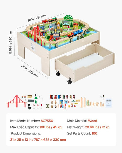 VEVOR Train Table, 100 Multicolor Pieces Wooden Kids Activity Table with Rolling Storage Drawer, 3-in-1 Wooden Train Set for Gaming, Drawing, Reading, Eating, Creative Toy Set for Kids Ages 3+