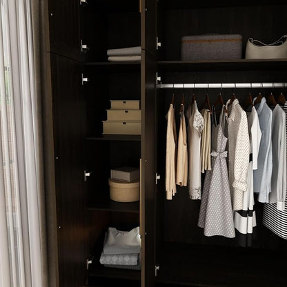 Wardrobe Closet with Mirror, 3 Door Wardrobe with 4 Drawers, Shelves, Hanging Rod, Modern Bedroom Armoire with Gold Handles, Brown Clothes Cabinet, 20.5”D x 47”W x 86.7”H