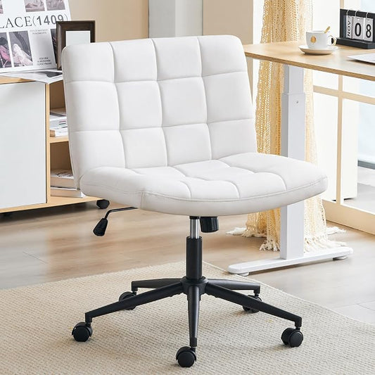 Furnimart Swivel Criss Cross Legged Chair with Wheels for Home Office, Wide Armless Desk Chair Height Adjustable Comfy Seat for Desk,Vanity, Bedroom, PU Ivory White