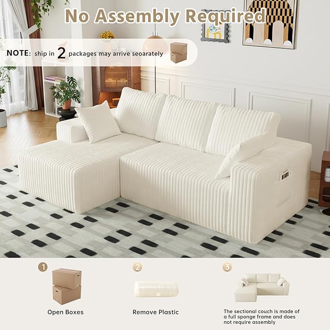 Cloud Boneless Sectional Cream Couches with Oversized Chaise for Living Room, Modular L Shaped Couch with Deep Seat, Memory Foam Compressed 3 Seater Sofa for Apartment