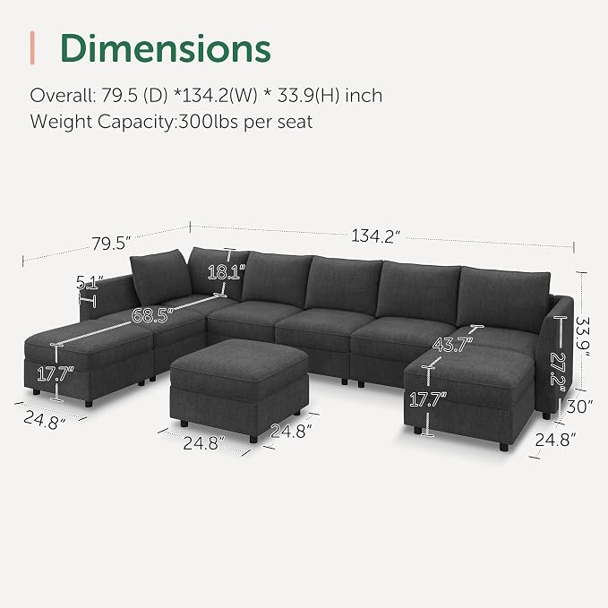 HONBAY Modular Sectional Sofa with Storage, U Shaped Couch Modular Convertible Sectional Couches for Living Room - Snowflake Velvet Grey