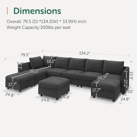 HONBAY Modular Sectional Sofa with Storage, U Shaped Couch Modular Convertible Sectional Couches for Living Room - Snowflake Velvet Grey