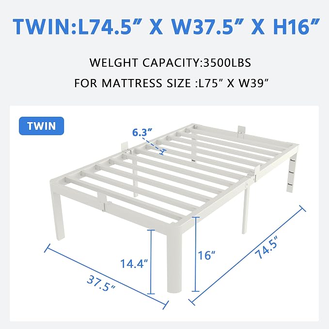 White Twin Size Bed Frames 16 Inch, Metal Platform Twin Bed Frame No Box Spring Needed, Heavy Duty Steel Support 3500 LBS, DIY Headboard, Round Legs, Noiseless, Storage Space, Easy Assembly