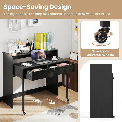 Giantex Small Computer Desk with Hutch & Drawers, Extendable Writing Desk w/Pull Out Secondary Table, Monitor Stand & Rolling Wheels, Console Table, Compact Desk for Small Spaces, Home Office (Black)