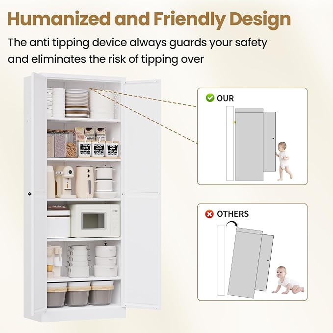 Kitchen Pantry Cabinet, 72" Tall White Metal Storage Cabinet, Kitchen Storage with 2 Doors and 5 Adjustable Shelves, Freestanding Cupboard for Living, Dining Room and Bathroom,Assemble Required