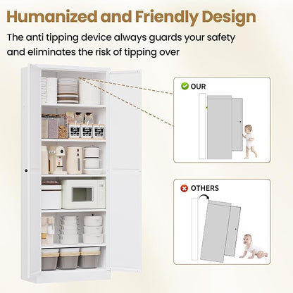 Kitchen Pantry Cabinet, 72" Tall White Metal Storage Cabinet, Kitchen Storage with 2 Doors and 5 Adjustable Shelves, Freestanding Cupboard for Living, Dining Room and Bathroom,Assemble Required