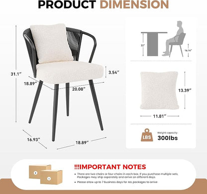 Rope Weaving Dining Chairs Set of 6, Rattan Upholstered Kitchen Chair with Metal Legs, Ergonomic Curved Backrest, Modern Living Room Chairs with Throw Pillow for Kitchen, Black