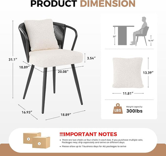 Rope Weaving Dining Chairs Set of 6, Rattan Upholstered Kitchen Chair with Metal Legs, Ergonomic Curved Backrest, Modern Living Room Chairs with Throw Pillow for Kitchen, Black