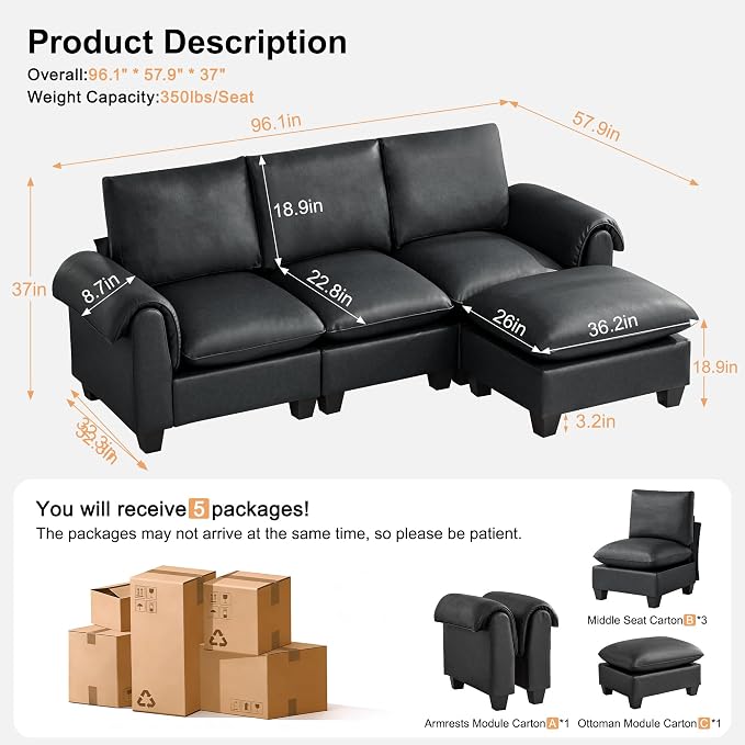 96" Faux Leather Modular Sectional Sofa with Movable Ottoman, Oversized 3 Seater Couch with Curved Armrests, Cloud Modern L-Shaped Sofa Deep Seat for Living Room, Black