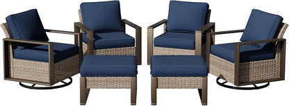 Joyside Outdoor Patio Swivel Rocker Chairs, 5 Pieces Wicker Furniture Set, 2 Swivel Rocking Chairs and 2 Ottoman, Metal Wide Armrest, Thick Cushions and Deep Seating for Garden, Backyard, Porch, Deck