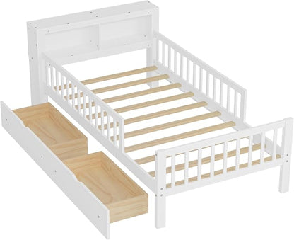 Kids Twin Size Bed Frame with Storage Drawers and Bookcase,Wood Twin Bed Frames for Kids,Twin Bed Frame with Headboard and Footboard for Boys Girls,No Box Spring Needed,White