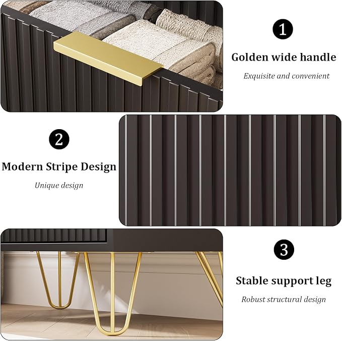 MAISONARIA 5 Drawers Dresser for Bedroom, 47" Tall Modern Chest of Drawers with Gold Handle, Fluted Wood Dresser for Bedroom, Living Room, Hallway, Entryway, Black