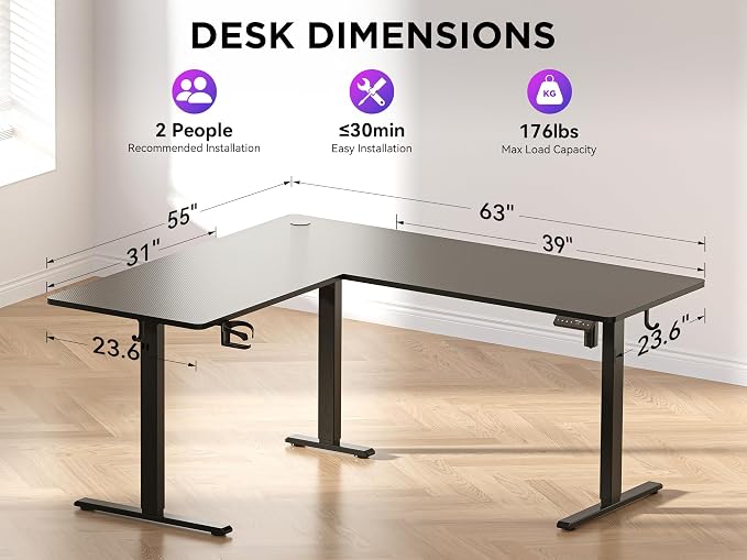 WALKINGDESK 63x55 Inches Reversible L Shaped Standing Desk, Height Adjustable With Cup Holder, Electric Corner Computer Workstation, Sit Stand up Home Office, Ergonomic Gaming, Black