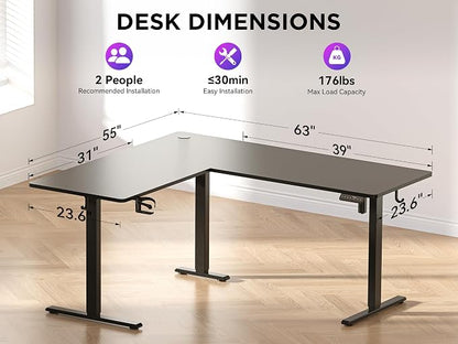 WALKINGDESK 63x55 Inches Reversible L Shaped Standing Desk, Height Adjustable With Cup Holder, Electric Corner Computer Workstation, Sit Stand up Home Office, Ergonomic Gaming, Black