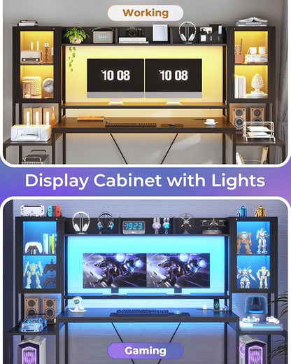 SEDETA Gaming Desk 74.8'' with LED Lights, Hutch and Storage Shelves, Computer Desk with Monitor Stand, Large PC Gamer Desk Workstation, Ergonomic Gaming Table for Bedroom, Living Room, Black