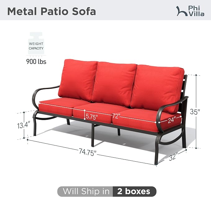 PHI VILLA Metal Patio Sofa with 5.75" Extra-Thick Waterproof Cushion, 3 Seater Deep Seat & High Back Outdoor Couch, All Weather Porch Furniture for Deck Backyard Front Porch Apartment,Rust Red