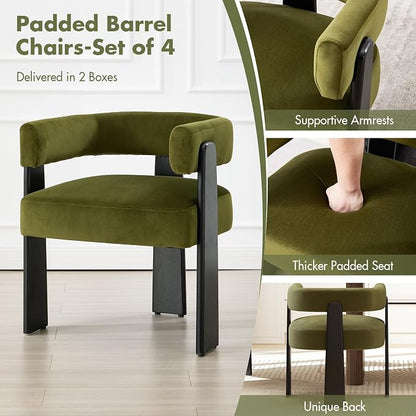 Hyfirm Modern Dining Chairs Set of 4, Upholstered Velvet Barrel Accent Chairs with Backrest & Arms, Wide and Thicker Padded Kitchen Side Chair with Wooden Legs for Dining Room, Livingroom, Dark Green