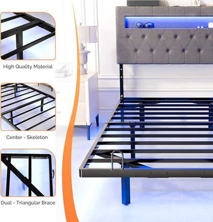 VINGLI Twin Floating Bed Frame with Headboard Heavy Duty Metal Frame, Storage Shelf, LED Lights Charging Station, Modern Platform Bed, Adjustable Headboard, No Box Spring Needed, Grey