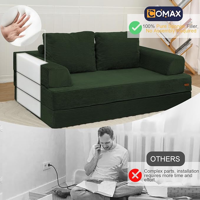 COMAX Futon Sofa Bed, Convertible Sofa Bed, Folding Boneless Couches | Boneless Couch for living room, 4‑in‑1 Fold Out Small Foldable Loveseat Floor Sleeper Mattress Lounge Space‑Saving