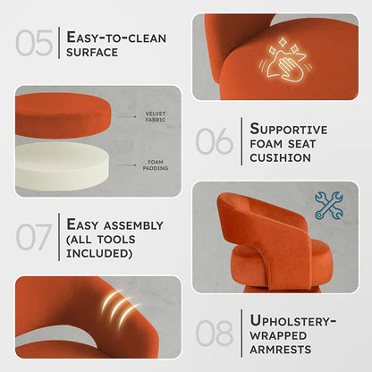 Lexicon 360 Degree Swivel Accent Chair, Modern Comfy Velvet Round Barrel Chair, Open Back, Plush Foam Cushions, Metal Swivel Base for Living Room/Bedroom/Office/Small Spaces, Orange