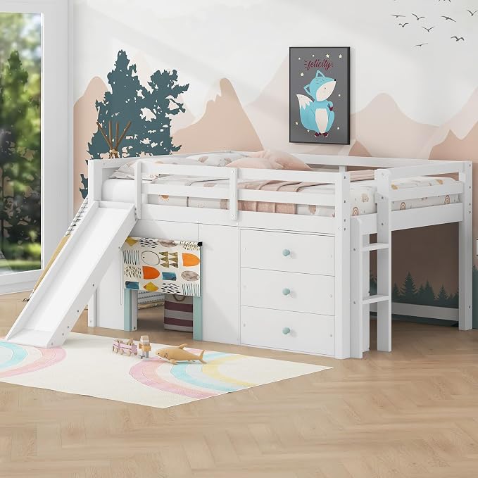 Bellemave Full Size Low loft Bed for Kids,Wood Modern Farmhouse Full Loft Bed with Slide and Drawer Storage, No Box Spring Needed, White