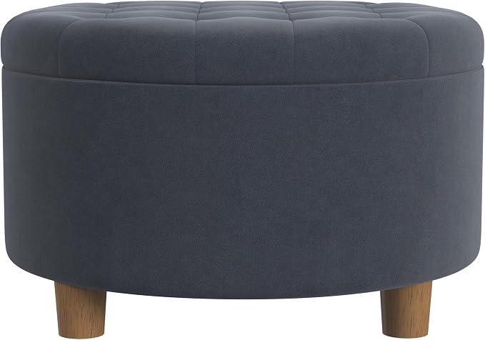 HomePop 28" Button Tufted Velvet Round Storage Ottoman - Steel Blue Velvet