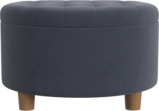 HomePop 28" Button Tufted Velvet Round Storage Ottoman - Steel Blue Velvet