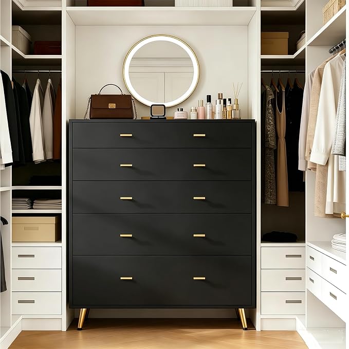 Closet Island with LED Lights, 38" H Tall Tempered Glass Top Dresser, Modern Wood Wardrobe Closet Island for Bedroom, Living Room, Black