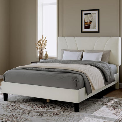 Novilla Queen Bed Frame, Queen Size Bed Frame with Wooden Slats Support, Velvet Upholstered Headboard, No Box Spring Needed, Heavy Duty Feet, Easy Assembly, White Velvet