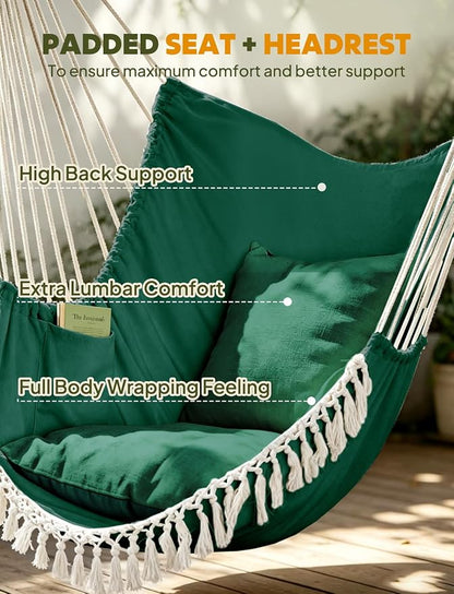 Chihee Hammock Chair Hanging Swing Max 500 Lbs 2 Cushions Included Metal Spreader Bar with Anti-Slip Grooves Portable Hanging Chair Side Pocket Large Macrame Bohemian Chair Indoor Outdoor