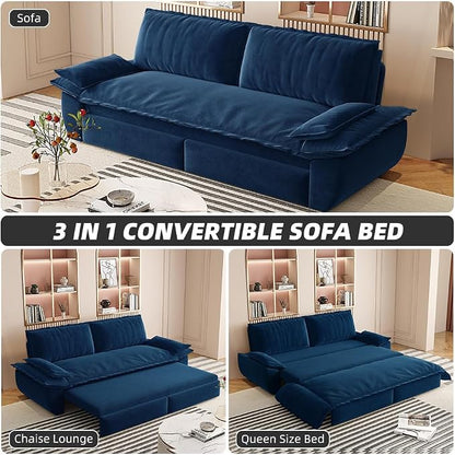 73.2" Sleeper Sofa Bed Queen Size, 3-in-1 Convertible Couch, Modern Pull Out Couches, Comfy Velvet Futon Sofa, Cloud Loveseat Lounge, Pillow Arm for Small Spaces, Living Room, Apartment, Blue