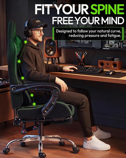 Dowinx Ergonomic Gaming Chair with Footrest & Massage Lumbar, 2D-Linkage Armrests for Computer Chair 330lbs with Headrest Pillow for Office, Home, Streaming and Long Gaming Sessions, Fabric Dark Green