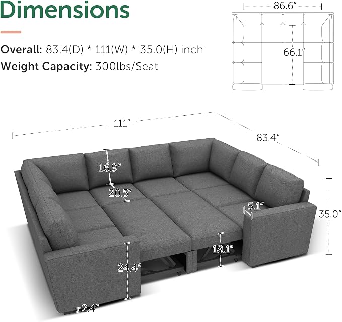 HONBAY Sleeper Sectional Couch with Pull Out Bed, Modular Sleeper Sofa with Storage, U Shaped Sectional Couches for Living Room, Dark Grey