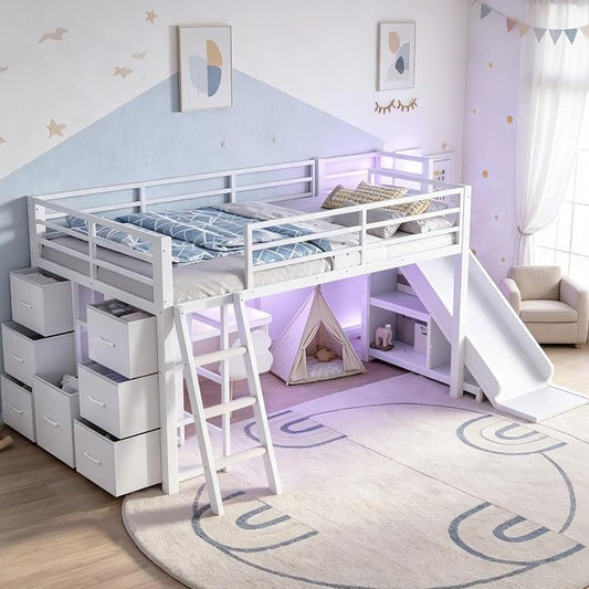 Bellemave Twin Loft Bed with Slide & Ladder, Metal Kids Loft Bed with Storage Drawers & LED Lights, Low Loft Bed Twin Size with Wood Wardrobe & Bookcase, Loft Bed for Kids Teens, White