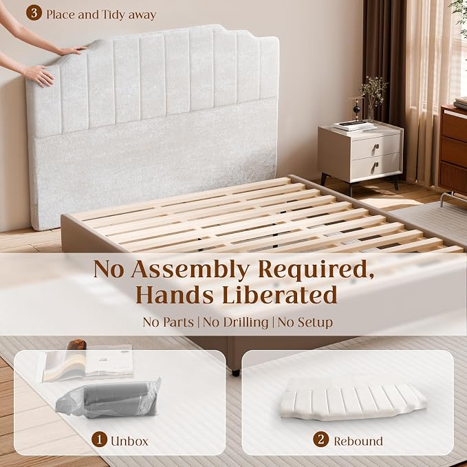 Queen Headboard Only - Beige Velvet Upholstered Headboard for Bed, No Assembly Required, Pure Sponge Design, Comfort Head Board, Place Between Bed & Wall, Vertical Stripe with Stepped Crown Top Edge