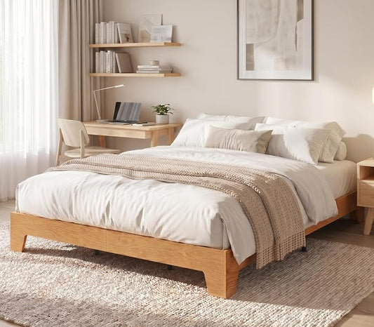 IDEALHOUSE Queen Size Wood Bed Frame,Platform Nature Bed with Strong Wooden Slats,No Box Spring Needed,Minimalist Bedroom Furniture,Contemporary Wooden Bed Frame,Easy Assembly