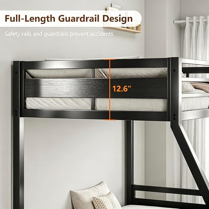 Bunk Bed Twin Over Full, Heavy Duty Metal Bunkbeds with Full-Length Guardrail, Space-Saving Steel Bed for Kids & Adults, No Box Spring Required, Black