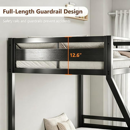 Bunk Bed Twin Over Full, Heavy Duty Metal Bunkbeds with Full-Length Guardrail, Space-Saving Steel Bed for Kids & Adults, No Box Spring Required, Black
