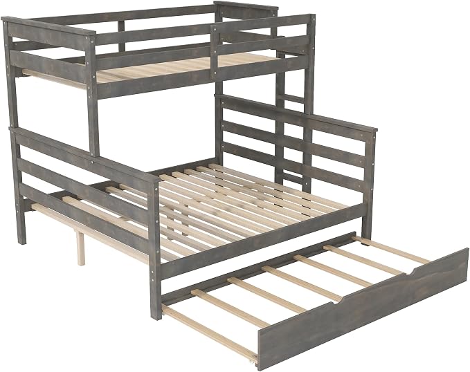Merax Twin XL Over Queen Bunk Bed Wood Detachable Bunk Bed with Trundle & Ladder, Multifunction Bunk Bed,Can be Separated into 3 Beds, No Box Spring Needed,Space Saving,Gray