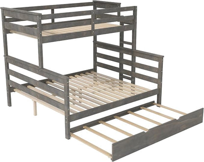 Merax Twin XL Over Queen Bunk Bed Wood Detachable Bunk Bed with Trundle & Ladder, Multifunction Bunk Bed,Can be Separated into 3 Beds, No Box Spring Needed,Space Saving,Gray