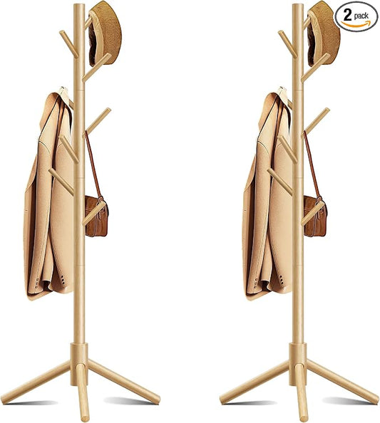 Coat Rack, Coat Racks Freestanding with 8 Hooks 3 Adjustable Heights for Clothes, Hats, Handbags, Coat Tree Easy Assembly for Entryway, Bedroom, Hallway, Office(Nature 2PCS)