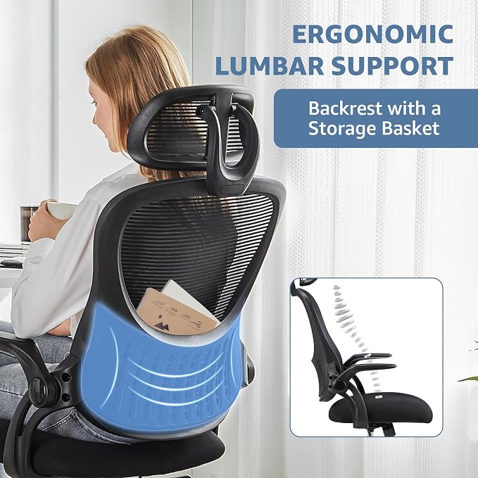 DUMOS Ergonomic Office Chair – High Back Mesh Computer Chair with Lumbar Support, Headrest, Flip-up Arms, and Swivel Wheels – Comfortable Gaming & Desk Chair for Home Bedroom Office,Black