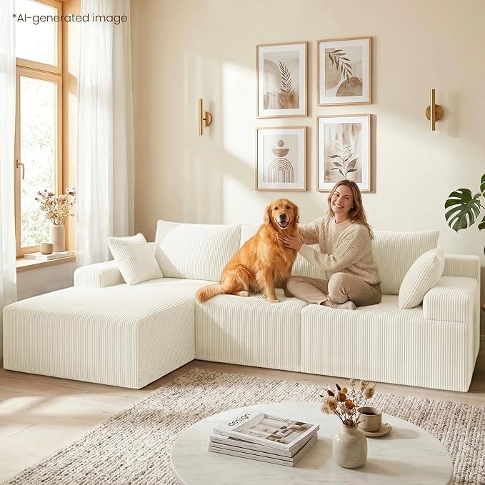 kinmars 108" Boneless Sectional Couch,Corduroy Cloud Couch Sectional for Living Room,Modern L Shaped Modular Sectional Couch,3 Seater Sofa (Beige, 108.9" L Shaped with Left Facing Chaise)