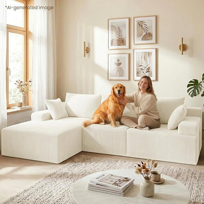kinmars 108" Boneless Sectional Couch,Corduroy Cloud Couch Sectional for Living Room,Modern L Shaped Modular Sectional Couch,3 Seater Sofa (Beige, 108.9" L Shaped with Left Facing Chaise)
