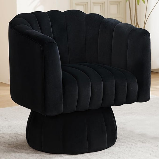 Swivel Accent Barrel Round Chair - Comfy 360° Arm Chairs Cute Small Sofa Club Velvet Reading Chair for Living Room Bedroom Office - Black