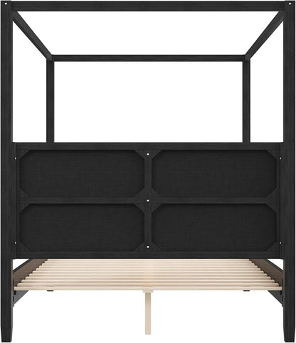 Merax King Size Canopy Bed with Upholstered Headboard, Wooden Platform Bed Frame with 4-Posters, Solid Wood Slat Support, No Box Spring Needed
